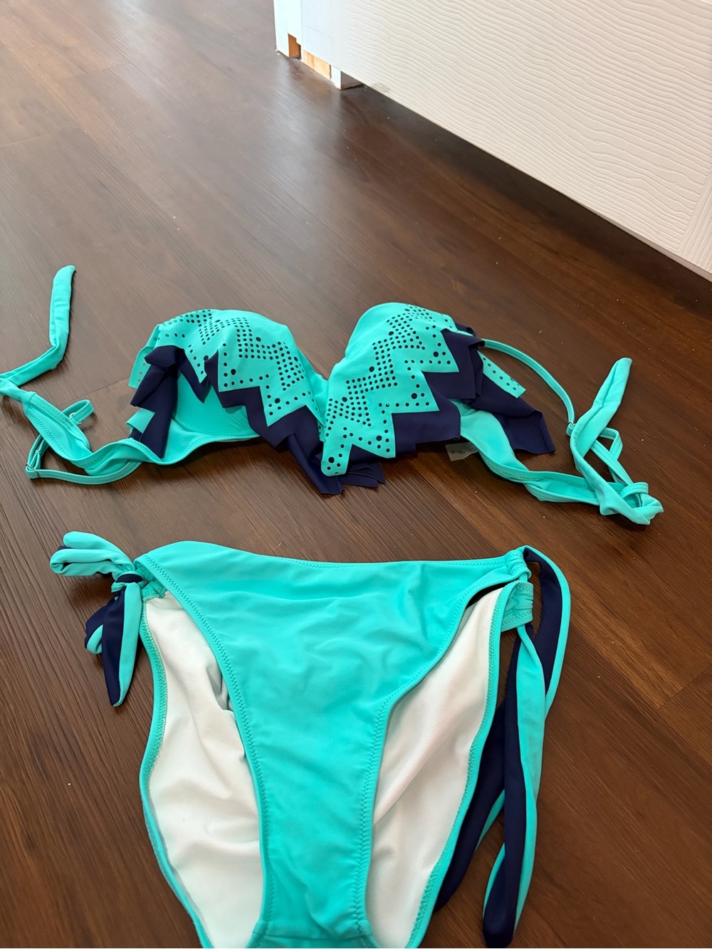 Turquoise and Navy Ruffled Bikini Set - Women's Swim